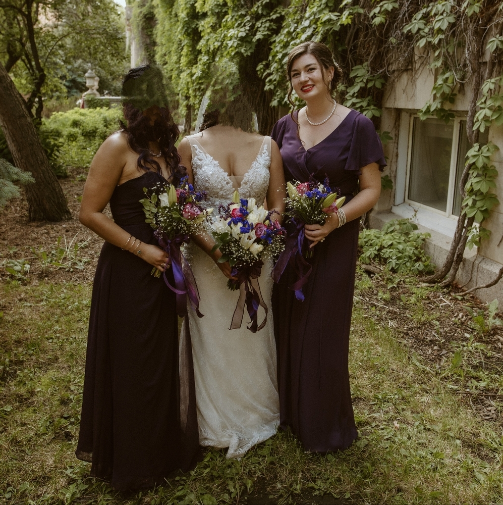 David's Bridal Flutter Sleeve Georgette Wrap Bridesmaid Dress in Plum -size 14-